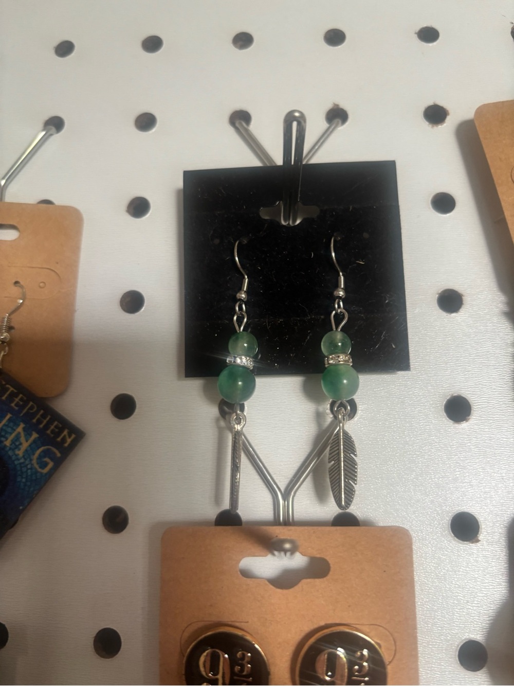 Green Bead and Feather Drop Earrings - Women Jewelry